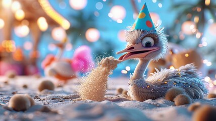 Playful ostrich kicking up sand on a neon-lit beach.