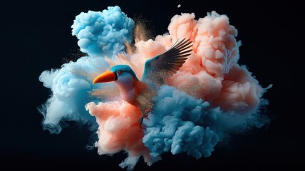 Dramatic toucan emerging from smoke in luminous outfit, for music videos.
