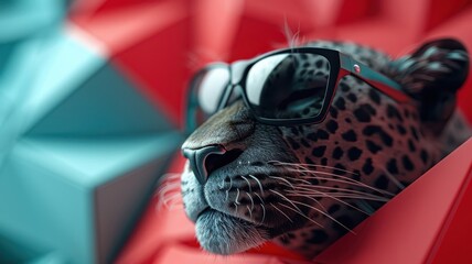 Panthers in sleek sunglasses striking dynamic poses against a geometric background.