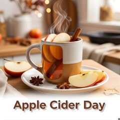 Cozy Autumn Drink with Cinnamon and Apple Garnish on White Plate for Apple Cider Day
