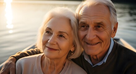 Serene Elderly Couple Enjoying Golden Hour on Tranquil Lake