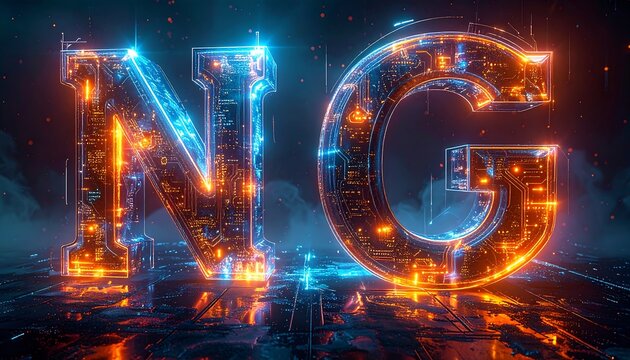 Glowing futuristic letters 'NG' with intricate circuit details & blue-orange highlights on a reflective floor