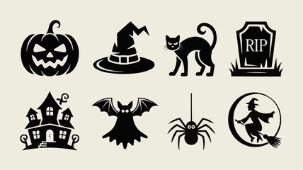 Fototapeta premium Spooky Halloween Collection: A collection of meticulously crafted Halloween icons, each exuding an essence of the season, from a grinning pumpkin to a witch riding her broom. 
