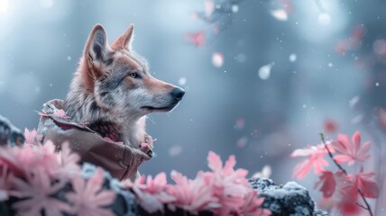 Dramatic wolf illuminated by neon light on a rocky cliff overlooking a dark landscape.