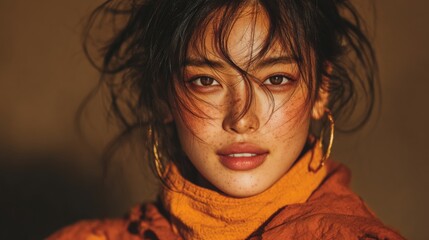Young Asian model with loose hair and an intense gaze posing in close-up against warm light and a neutral background.