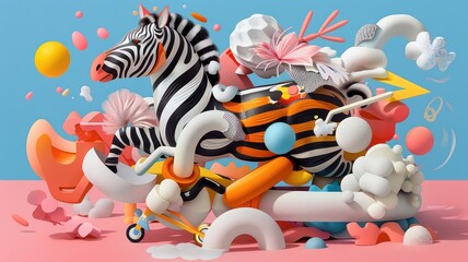 Whimsical zebra riding a unicycle in a psychedelic dreamscape.