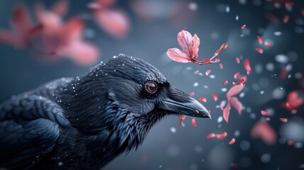 Close-up of crow with glowing eyes and abstract shapes.