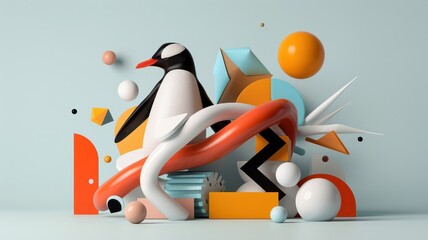 Whimsical penguin transformed into a ribbon of neon colors.