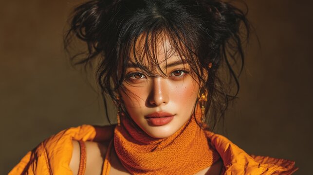 Young Asian model with loose hair and an intense gaze posing in close-up against warm light and a neutral background.