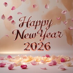 Happy New Year 2026 Greeting Card with Rose Gold Text and Falling Petals Design
