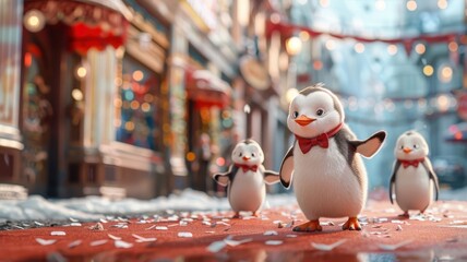 Dapper penguins in tuxedos waddling down red carpet.