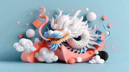 Whimsical dragon made of neon lines interacting with geometric shapes.