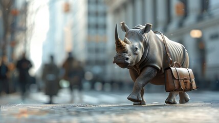 Photorealistic rhinoceros in pinstripe suit walking through financial district.