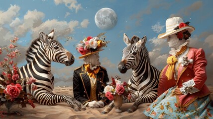 Group of zebras in high-end attire at moonlit soirée.
