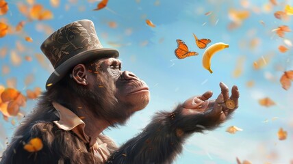 Whimsical gorilla performing magic trick with banana.