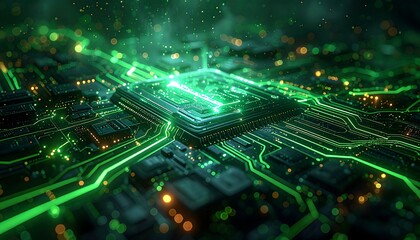Glowing green circuitry a complex, futuristic motherboard illuminated with vibrant, abstract energy flow
