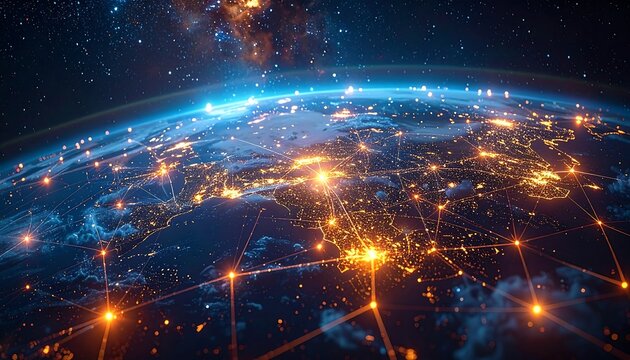 Earth at night from space, showing lit cities and connectivity lines against a cosmic background