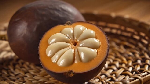 Velvet Apple (Diospyros blancoi) Fruit, Mabolo with Creamy Segments, Exotic Tropical Fruit Closeup

