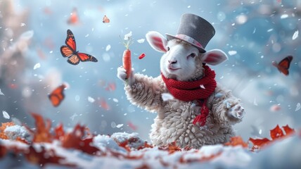 Whimsical sheep performing magic trick with carrot.