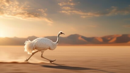Dramatic ostrich racing across desert in white suit.