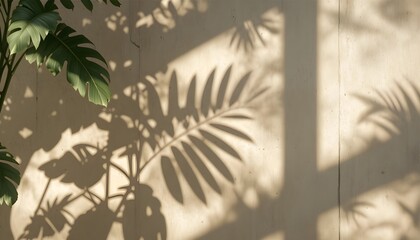 Leaf Shadows and Sunlight on Beige Wall Abstract Background with Tropical Plants for Natural Design Concepts