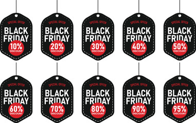 Collection of ten black friday sale price tags with varying percentage discounts displayed on a white background