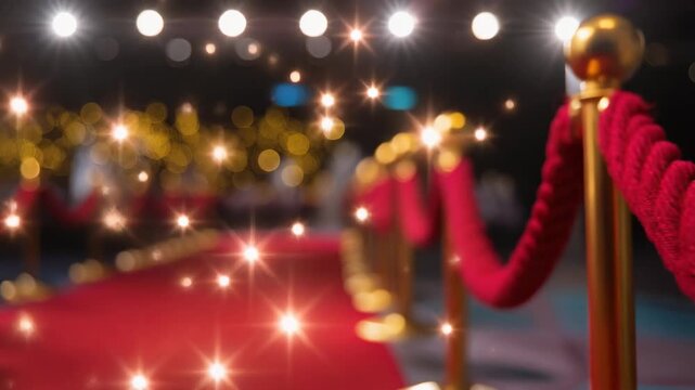 Elegant red carpet event with golden ropes and sparkling lights for glamorous occasions