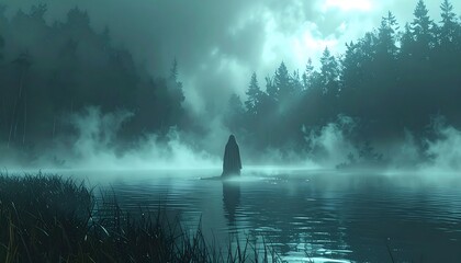Figure in black wading into misty lake, dense forest backdrop, ethereal light