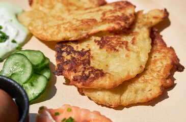 Fried potato pancakes, a traditional potato dish. Shallow depth of field