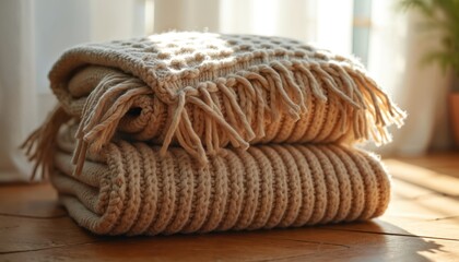 Two folded textured knit blankets with fringes in neutral beige tones rest on a wooden floor. Soft warm light streams from a window, creating a cozy home atmosphere for comfort and relaxation.