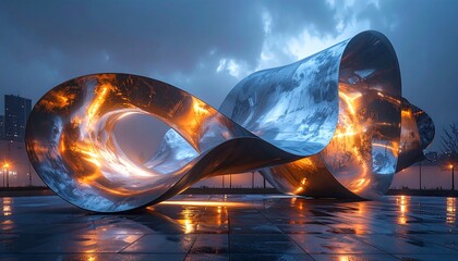 Futuristic metal sculpture glows against a dark, rainy city backdrop, reflecting sky and light on wet tiles