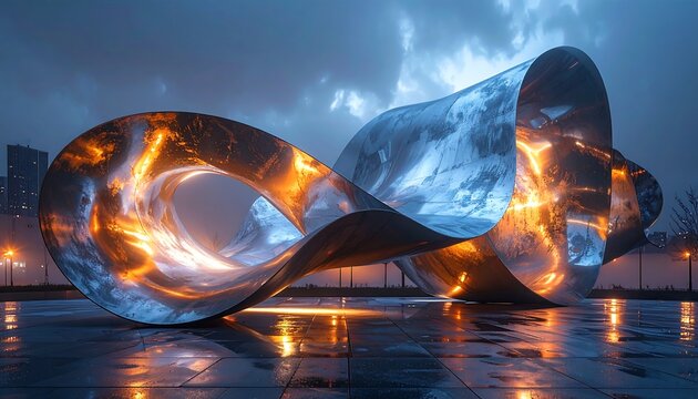 Futuristic metal sculpture glows against a dark, rainy city backdrop, reflecting sky and light on wet tiles - Powered by Adobe