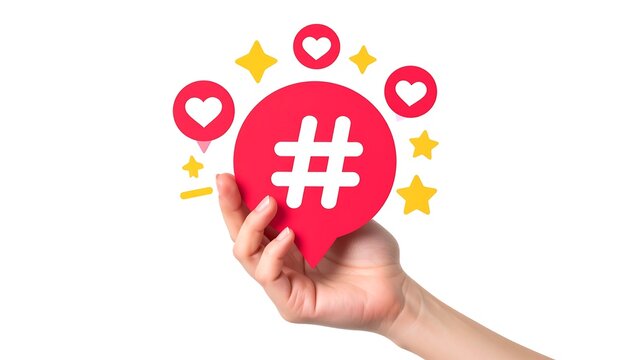 Hand holds a red speech bubble with a hashtag, hearts, and stars on a white background, suggesting social media