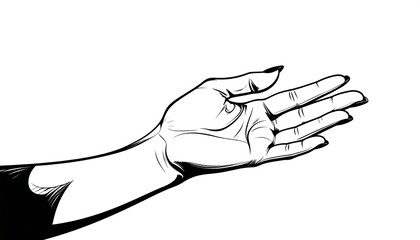 Grayscale drawing of a hand, palm up, fingers slightly curved, with a smooth arm and dark sleeve detail