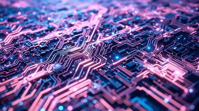 Digital circuit patterns glowing in blue and pink