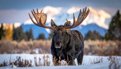Large bull moose standing in snow with large antlers, mountain range in background, winter