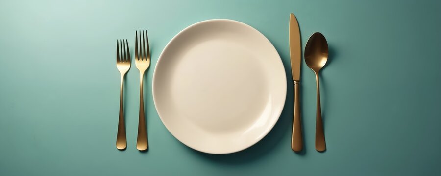 White plate and golden cutlery are arranged on a teal surface. Two forks, a knife, and a spoon create a neat table setting for a meal. This clean arrangement suggests dining or a restaurant. - Powered by Adobe