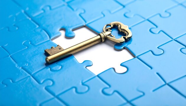 Key rests on blue puzzle with one piece missing, viewed close-up and high-angle