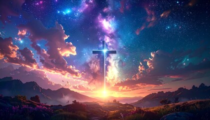 Luminous cross over rolling hills with flowers, clouds & a starscape glowing sunset sky