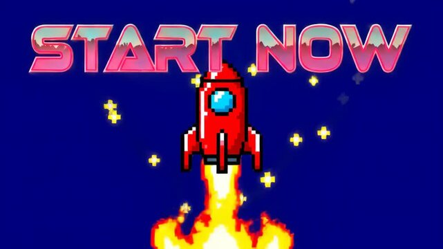 8-bit rocket launching into space with "START NOW" in stylized text above it over a dark blue background