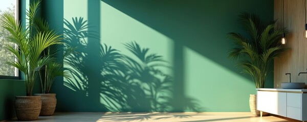 Bright modern room green accent wall with large palm plants. Sunlight casts plant shadows on wall, floor. Minimalist vanity features two sinks, natural wood accents. Creates calm tropical home