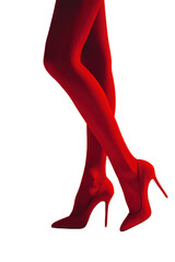 Vibrant Red Elegance: A striking visual of slender legs adorned in vivid red stockings and high heels, showcasing a confident and fashionable style.