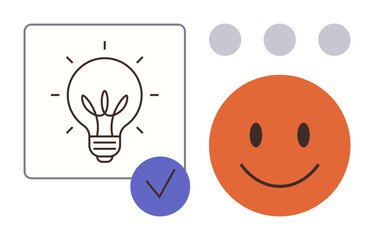 Light bulb symbolizes creativity, blue checkmark signifies validation, and orange happy shows satisfaction. Ideal for innovation, success, motivation, positivity, brainstorming, teamwork simple flat