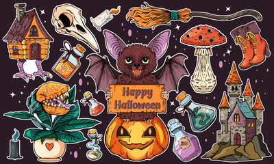Set Happy Halloween illustration with spooky bat, pumpkin, and witchy elements