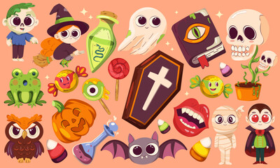 Cute Halloween Characters And Spooky Icons Set With Pumpkin, Ghost, Bat, Skull, Candy, Potion, Book, Cross
