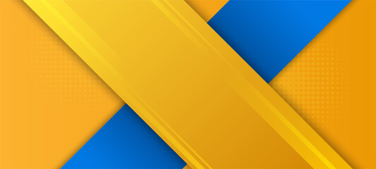 Modern abstract background with yellow and blue geometric ribbon shapes.