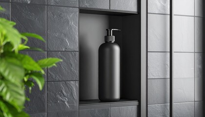 Black Shampoo Bottle in Bathroom Niche with Modern Spa, and Grey Tiles.