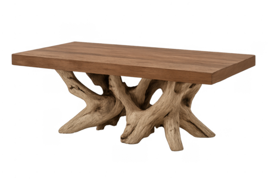Rustic wood coffee table with natural driftwood base