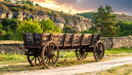 Old wooden cart sits on grassy field near stone wall, with rugged hills and warm sunset background