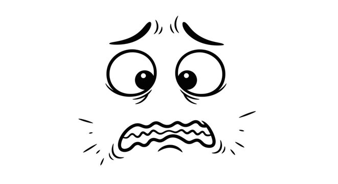 Black and white cartoon illustration of a scared and anxious face with wide eyes and a trembling mouth.